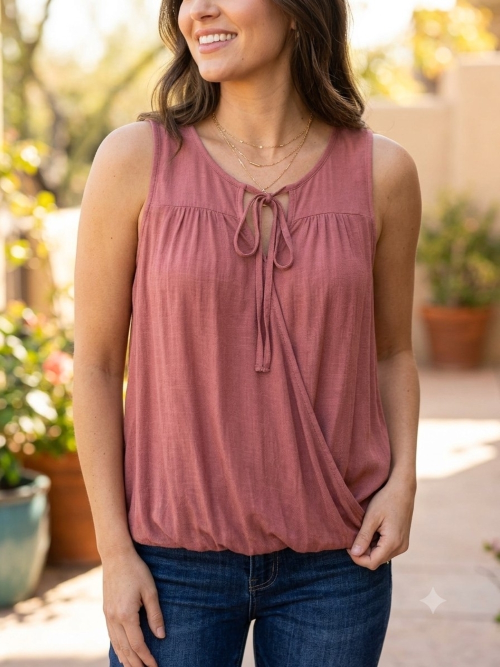Moon Kiss Sleeveless Wrap-Front Linen Blend Blouse - Size Medium